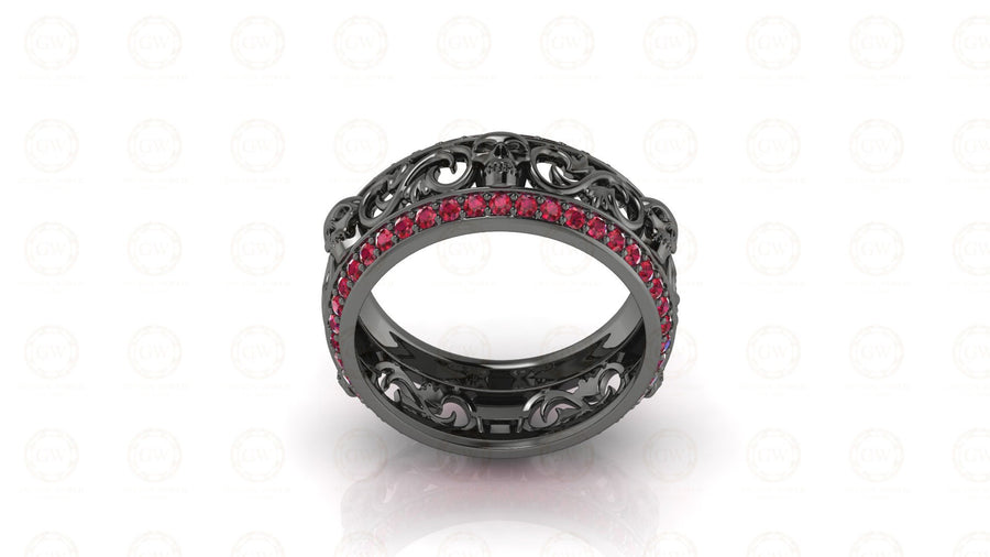 8 mm Wide Floral Unique Gothic Skull Wedding Band, Birthstone Ring, July Ruby gemstone ring, Nature Inspired Eternity Band, Sterling Silver