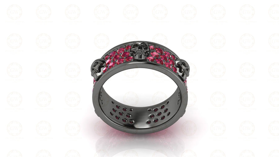 8 mm Wide Unique Gothic Skull Wedding Band, Birthstone Ring, July Ruby gemstone ring, 3 Row Anniversary Ring, Eternity Band, Sterling Silver