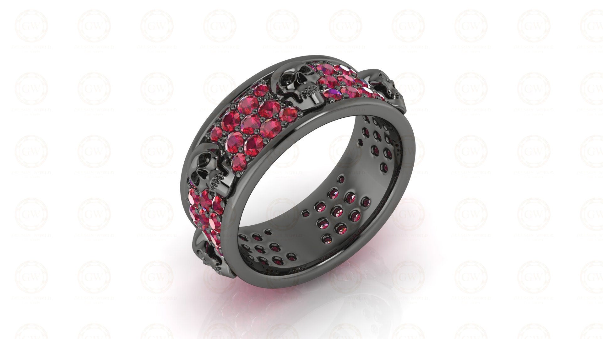 8 mm Wide Unique Gothic Skull Wedding Band, Birthstone Ring, July Ruby gemstone ring, 3 Row Anniversary Ring, Eternity Band, Sterling Silver