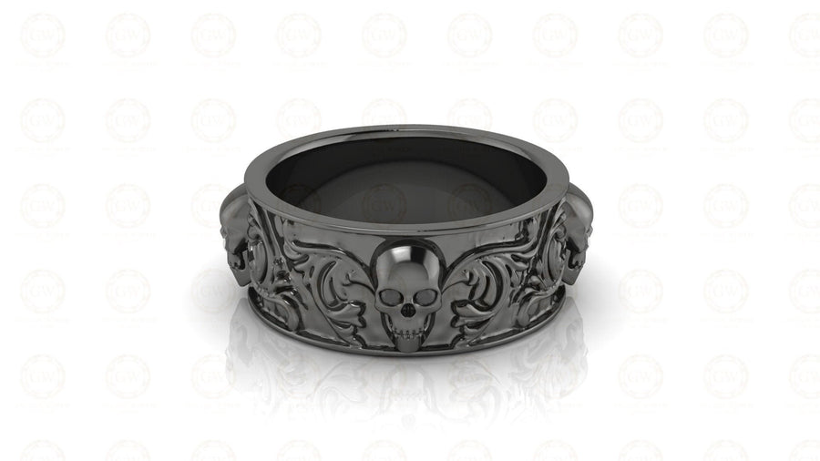 8 mm Wide Nature Inspired Unique Gothic Skull Wedding Band, Simulated Diamond, Sterling silver, Anniversary Ring, Floral Eternity Band