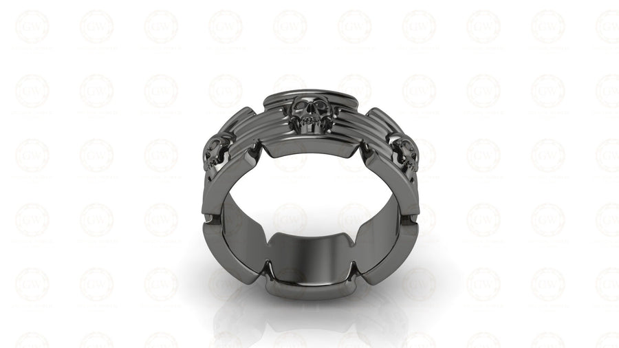 8 mm Wide Unique Gothic Skull Modern Wedding Band, Simulated Diamond, Black Sterling silver, Anniversary Ring, Eternity Band for Men & Women