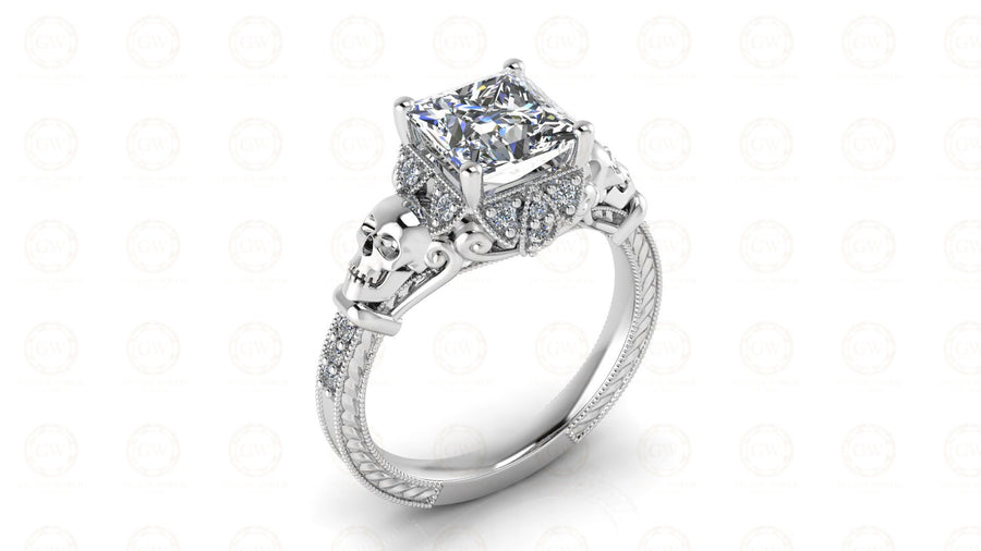 2.35 Ct Gothic Skull Princess Vintage Engagement Ring, Simulated Diamond, Sterling silver, CZ Women ring, Unique Wedding Ring For Her