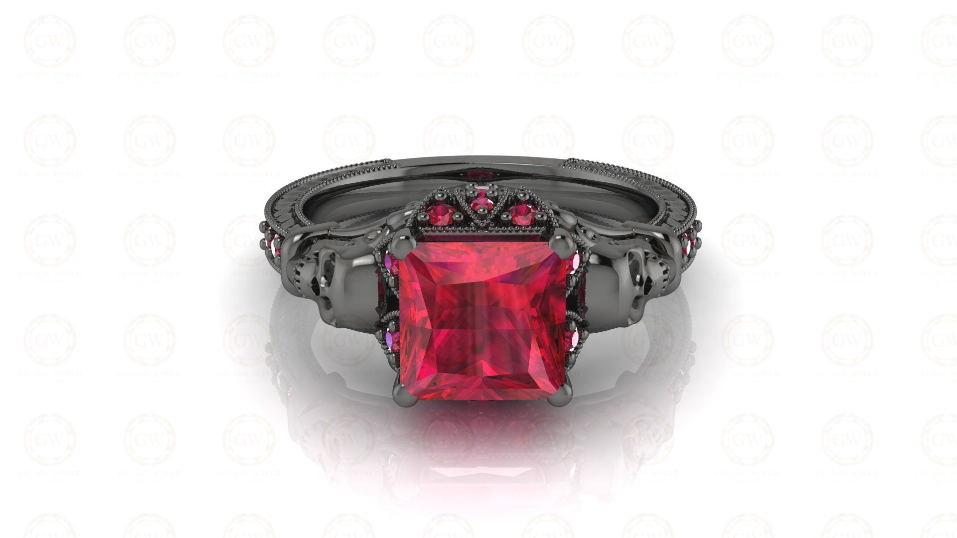 2.35 Ct Gothic Skull Princess Vintage Engagement Ring, Birthstone July Ruby gemstone ring, CZ Women ring, Sterling Silver, Wedding Ring