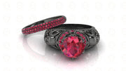 2.15 Ct Gothic Skull Round Floral Vintage Engagement Wedding Ring Set, Birthstone July Ruby gemstone ring, Matching Band, Ring Set For Women