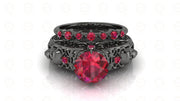 2.15 Ct Unique Gothic Skull Round Floral Vintage Bridal Engagement Ring Set, Birthstone July Ruby gemstone ring, Matching Band, Women Ring