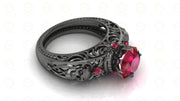 2 Ct Unique Gothic Skull Round Floral Vintage Engagement Ring, Birthstone July Ruby gemstone ring, CZ Women Wedding ring, Sterling Silver