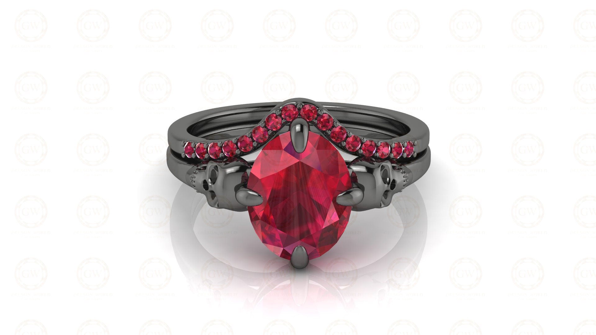1.80 Ct Two Gothic Skull CZ Oval Solitaire Engagement Wedding Ring Set, Birthstone July Ruby gemstone Women ring, Matching Band, 925 Silver