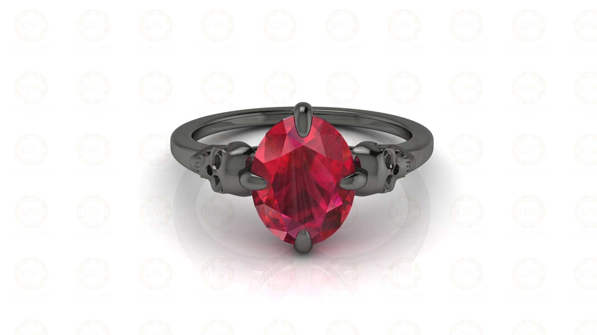1.70 Ct Two Skull CZ Oval Solitaire Engagement Wedding Ring, Birthstone July Ruby gemstone ring, Sterling Silver, Gothic Women ring