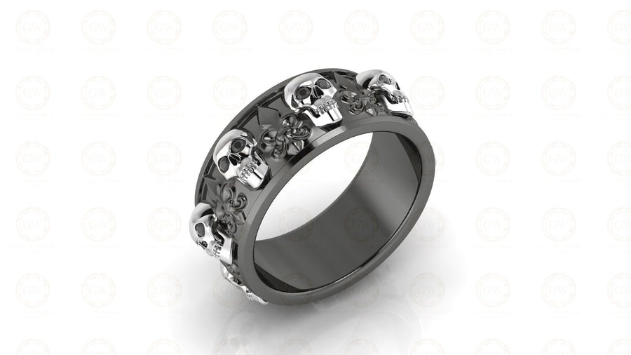 8 mm Wide Unique Gothic Skull Wedding Band, heraldic lily, Biker Ring, Simulated Diamond, Sterling silver, Anniversary Ring, Eternity Band