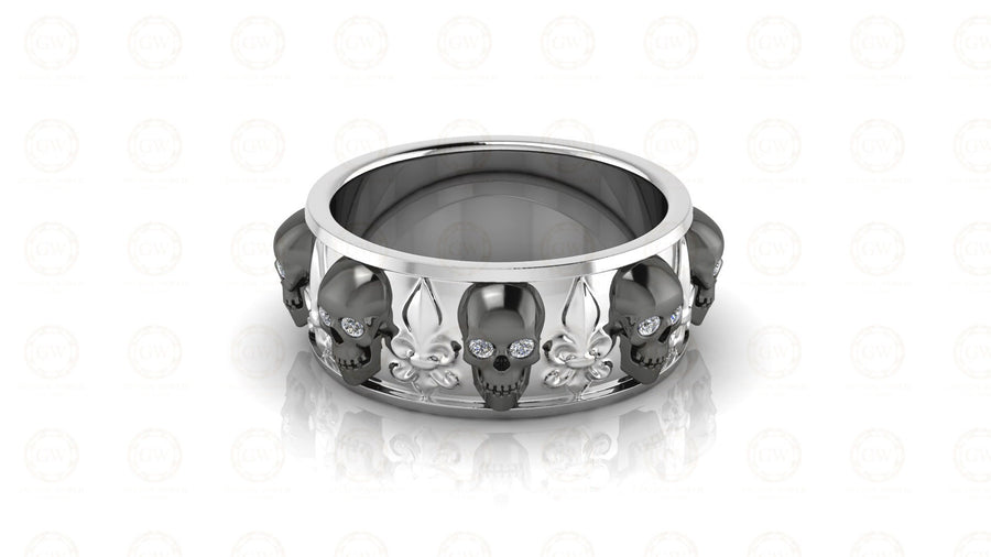 8 mm Wide Unique Gothic Skull Wedding Band, heraldic lily, Biker Ring, Simulated Diamond, Sterling silver, Anniversary Ring, Eternity Band
