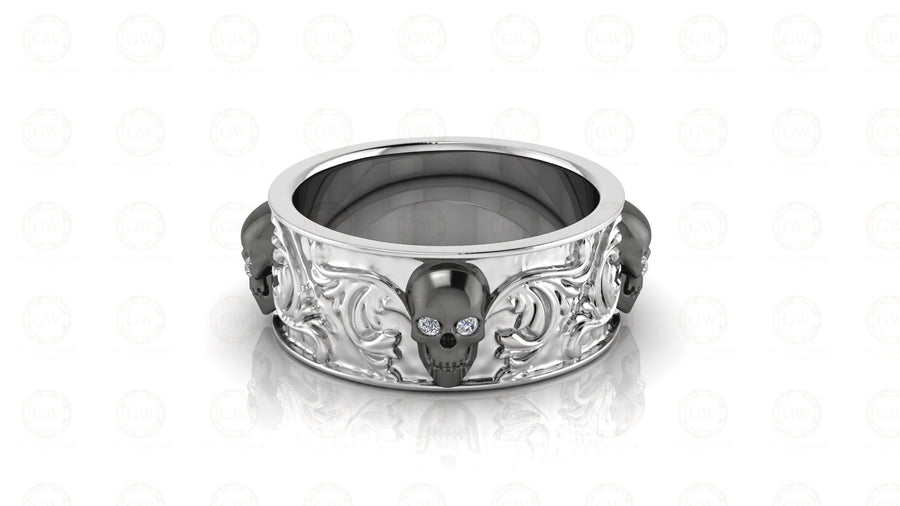 8 mm Wide Nature Inspired Unique Gothic Skull Wedding Band, Simulated Diamond, Sterling silver, Anniversary Ring, Floral Eternity Band