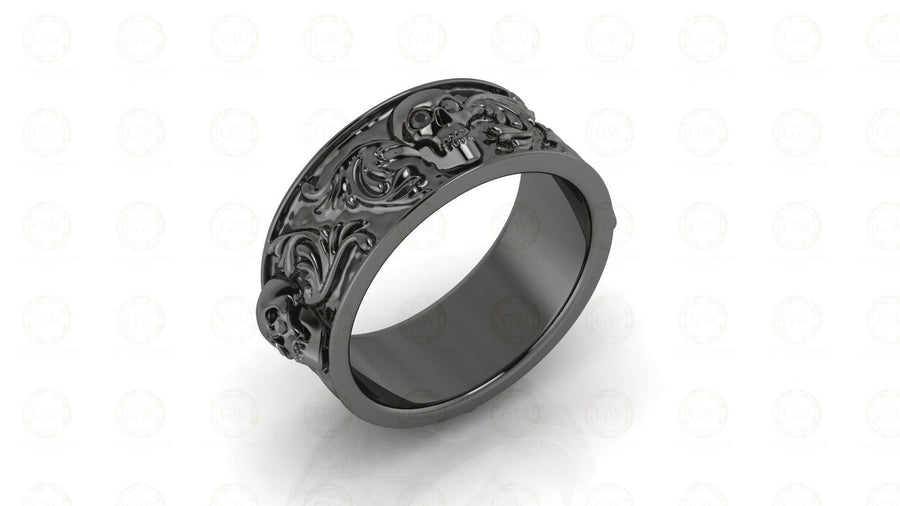 8 mm Wide Nature Inspired Unique Gothic Skull Wedding Band, Simulated Diamond, Sterling silver, Anniversary Ring, Floral Eternity Band