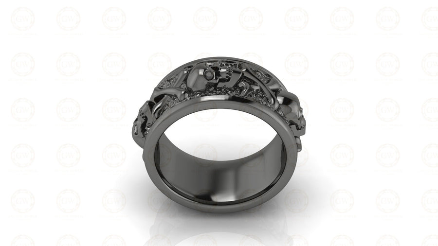 10 mm Wide Unique Punk Biker Gothic Skeleton Mens Skull Cross Bone Death Cocktail Ring, Sterling Silver, Custom Full Eternity Band