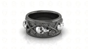 10 mm Wide Unique Punk Biker Gothic Skeleton Mens Skull Cross Bone Death Cocktail Ring, Sterling Silver, Custom Full Eternity Band