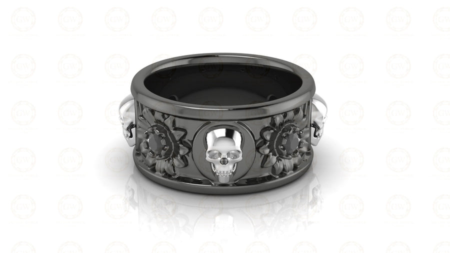 10 mm Wide Nature Inspired Unique Gothic Skull Wedding Band, Simulated Diamond, Sterling silver, Anniversary Ring, Floral Eternity Band