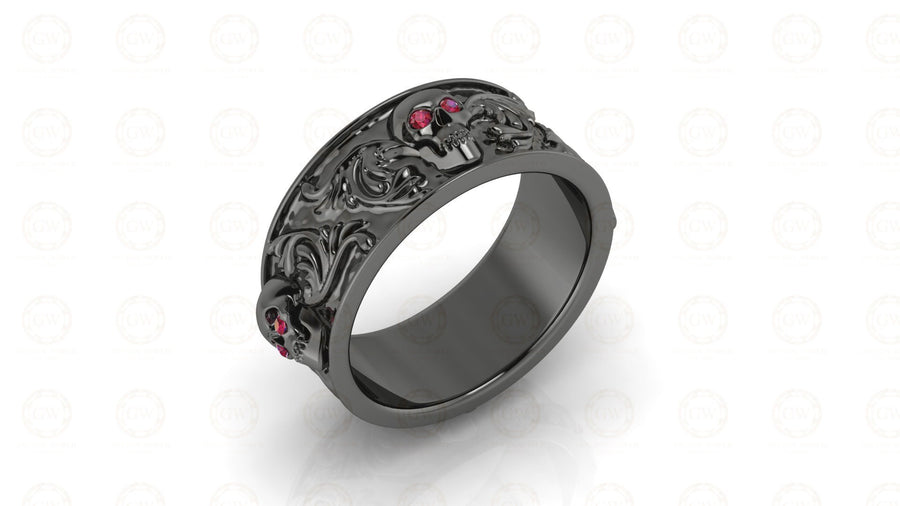 8 mm Wide Nature Inspired Unique Gothic Skull Wedding Band, Birthstone Ring, July Ruby gemstone ring, Promise Ring, Silver Eternity Band