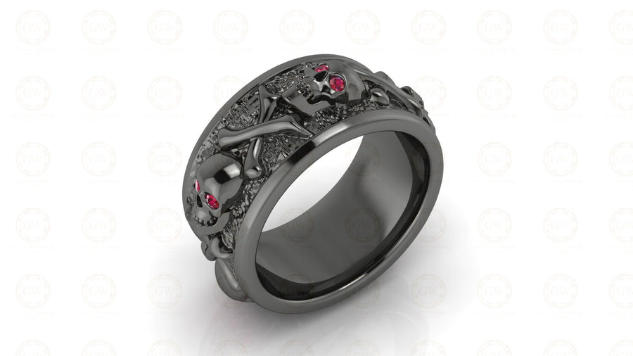 Skull Wedding Band, 10 mm Wide Unique Punk Biker Gothic Skeleton Skull Cross Bone Death Eternity Band, Birthstone July Ruby gemstone ring