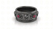 10 mm Wide Nature Inspired Floral Gothic Skull Wedding Band, Birthstone July Ruby gemstone ring, 925 Sterling Silver, Floral Eternity Band