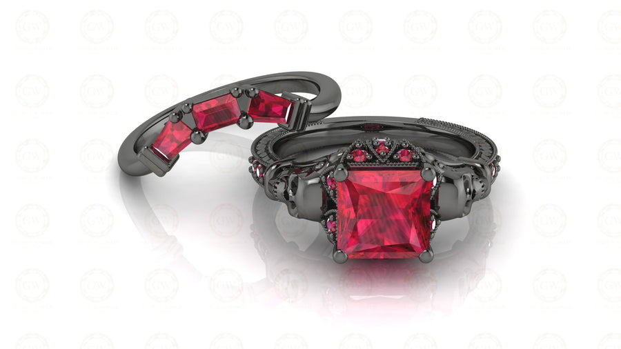 2.90 Ct Gothic Skull Princess Vintage Engagement Wedding Ring Set, Birthstone July Ruby gemstone ring, Matching Band, Ring Set For Women