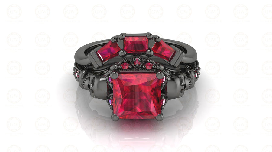 2.90 Ct Gothic Skull Princess Vintage Engagement Wedding Ring Set, Birthstone July Ruby gemstone ring, Matching Band, Ring Set For Women