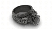 2.15 Ct Gothic Skull Round Floral Vintage Engagement Wedding Ring Set, Simulated Diamond, Sterling silver, Matching Band, Ring Set For Women