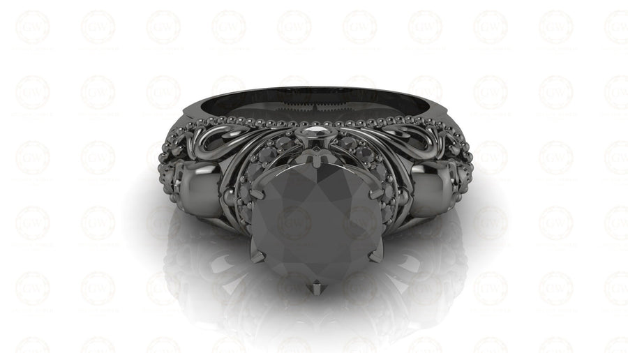1.90 Ct Gothic Skull Round Floral Vintage Engagement Ring, CZ Man Made Diamond, Sterling silver, Nature Inspired Women Wedding Ring