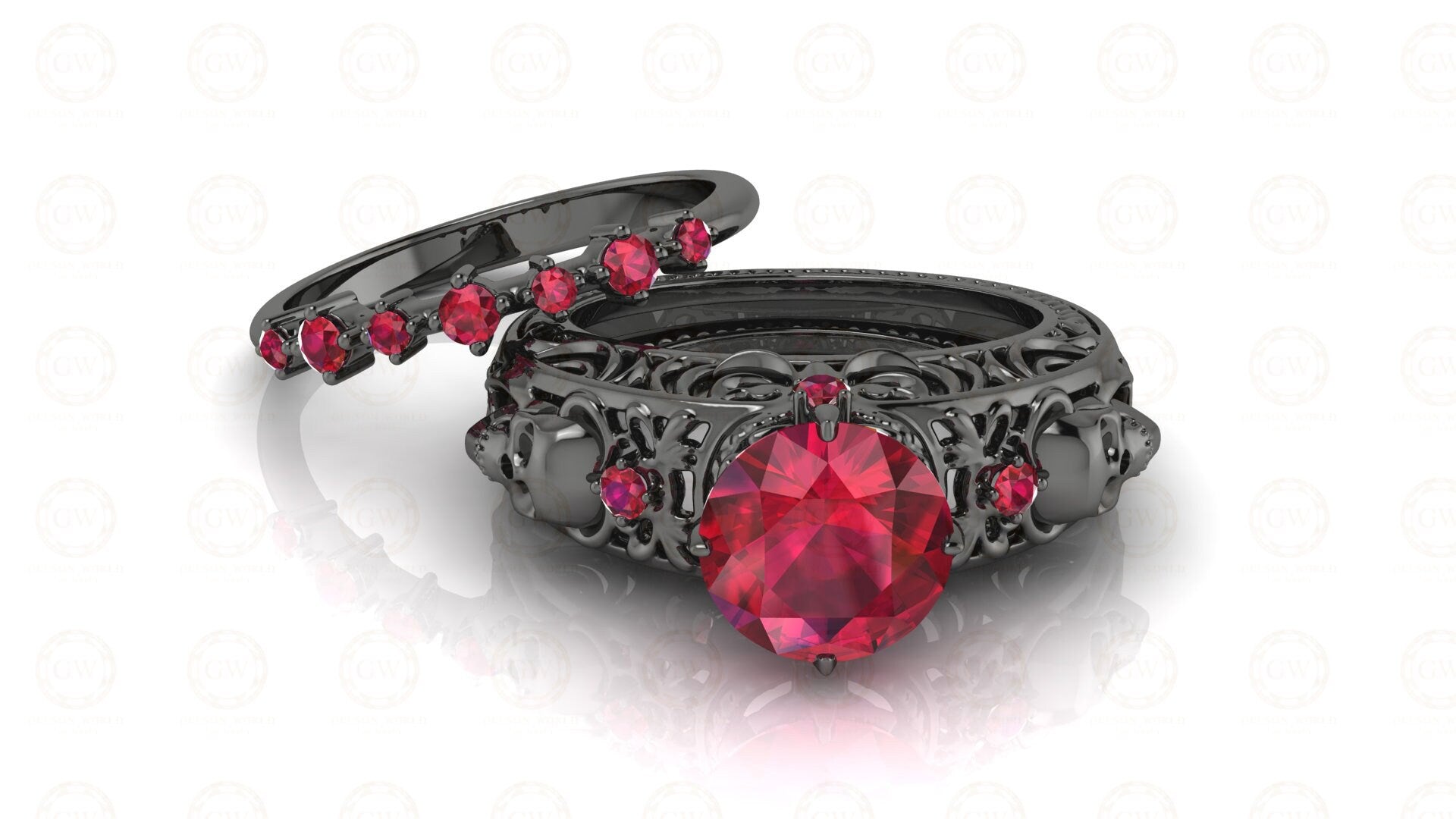 2.15 Ct Unique Gothic Skull Round Floral Vintage Bridal Engagement Ring Set, Birthstone July Ruby gemstone ring, Matching Band, Women Ring