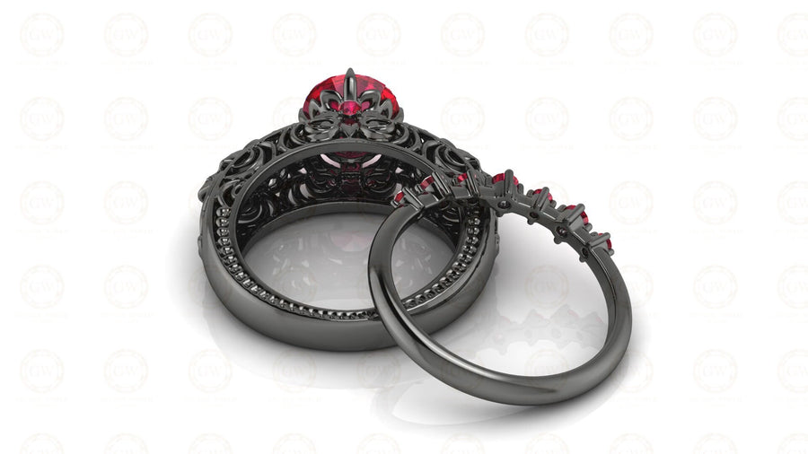 2.15 Ct Unique Gothic Skull Round Floral Vintage Bridal Engagement Ring Set, Birthstone July Ruby gemstone ring, Matching Band, Women Ring