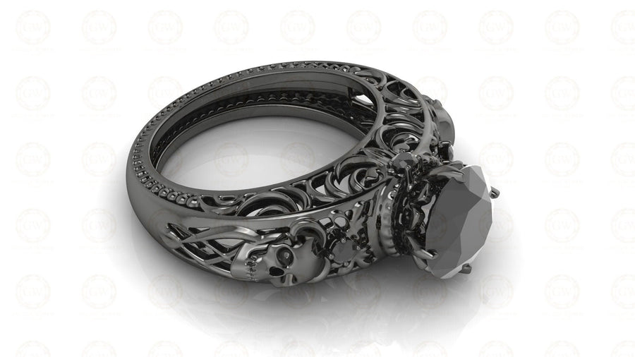2 Ct Unique Gothic Skull Round Floral Vintage Engagement Ring, Black Man Made Diamond, Sterling silver, Nature Inspired Wedding Women Ring