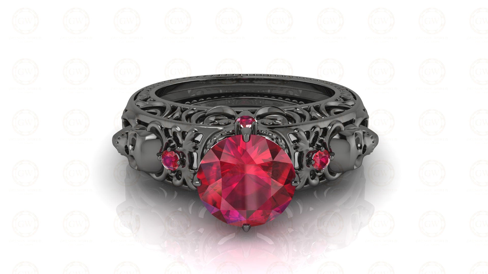 2 Ct Unique Gothic Skull Round Floral Vintage Engagement Ring, Birthstone July Ruby gemstone ring, CZ Women Wedding ring, Sterling Silver