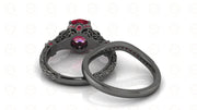 2.40 Ct Unique Gothic Skull Cushion Cut Floral Vintage Bridal Engagement Ring Set, Birthstone July Ruby gemstone Women ring, Matching Band