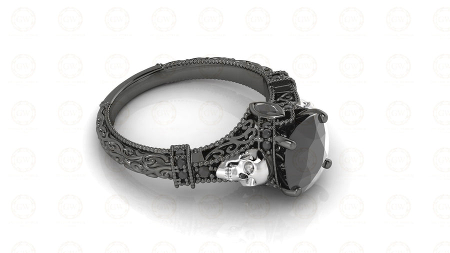 2.30 Ct Unique Black Skull Cushion Cut Floral Vintage Bridal Engagement Ring, Sterling Silver, Women Gothic Ring, Floral Nature Inspired