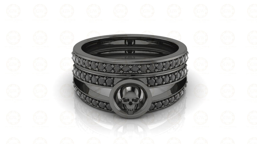 0.45 Ct Unique Black Gothic Halo Bridal Skull Engagement Ring Set, Matching Skull Wedding Rings, Sterling silver, Half Eternity Band