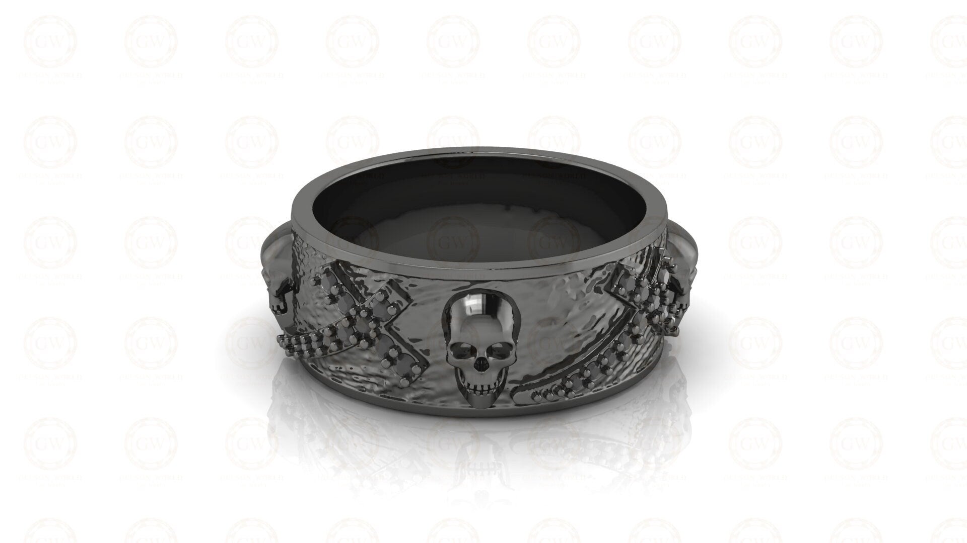 8 mm Wide Unique Cross Men's Gothic Skull Wedding Band, Punk Style Biker Ring, Black CZ Sterling silver, Anniversary Ring, Eternity Band