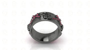 8 mm Wide Unique Cross Men's Gothic Skull Wedding Band, Punk Style Biker Ring, Birthstone July Ruby gemstone ring, 925 Sterling Silver