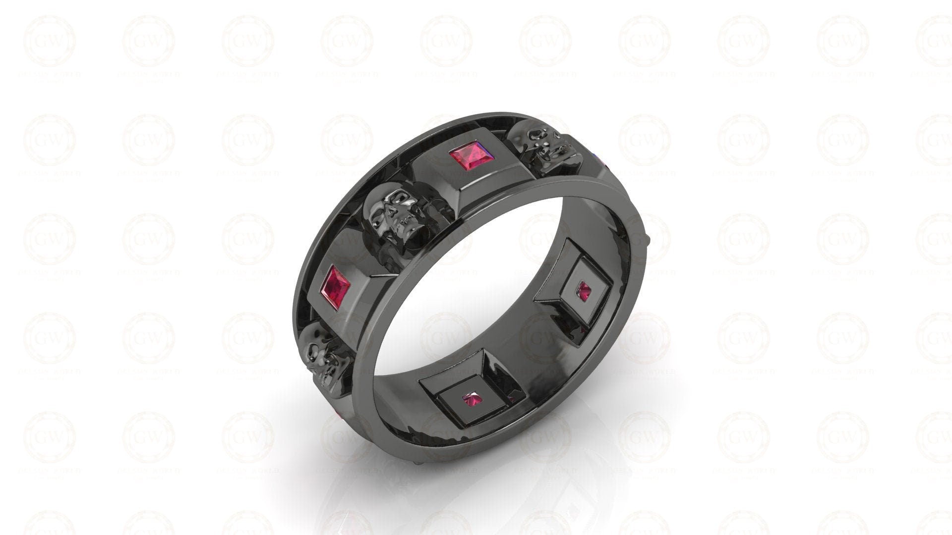7 mm Wide Men's Gothic Skull Wedding Band, Punk Style Biker Ring, Unique Jewelry, Birthstone July Ruby gemstone ring, 925 Sterling Silver