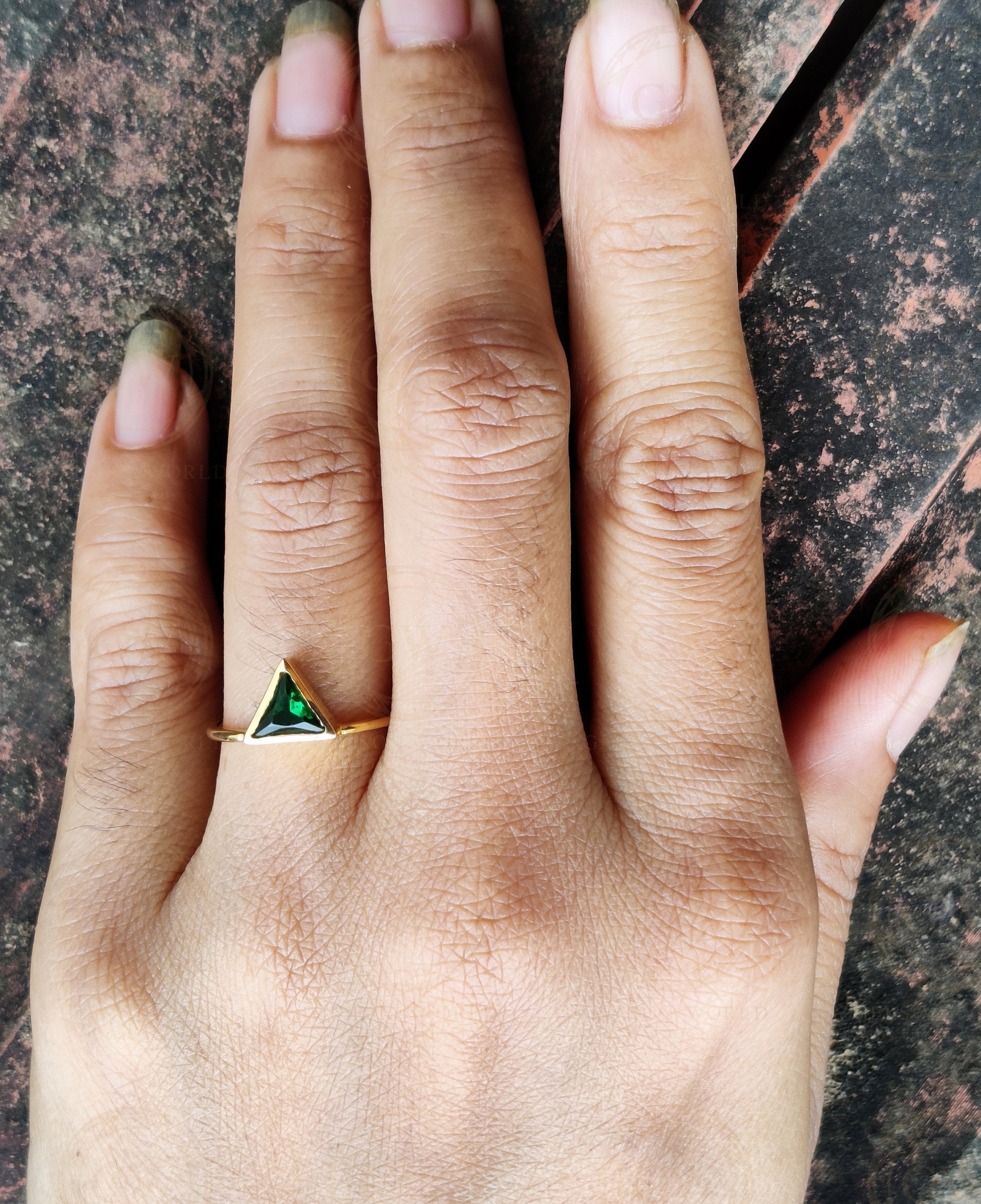 Silver and Gold Triangle Shape Emerald Minimalist engagement ring, Matching Stacking Ring, Dainty Diamond Ring, Gemstone Birthstone Ring
