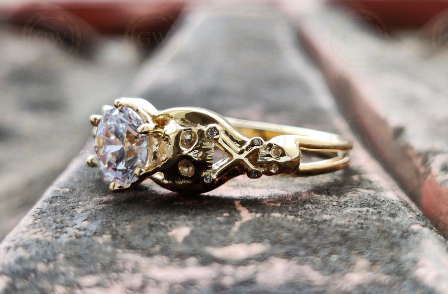 Silver and Solid Gold Round Moissanite Skull Engagement Ring, Gothic Wedding rings, unique skull design, solitaire women ring