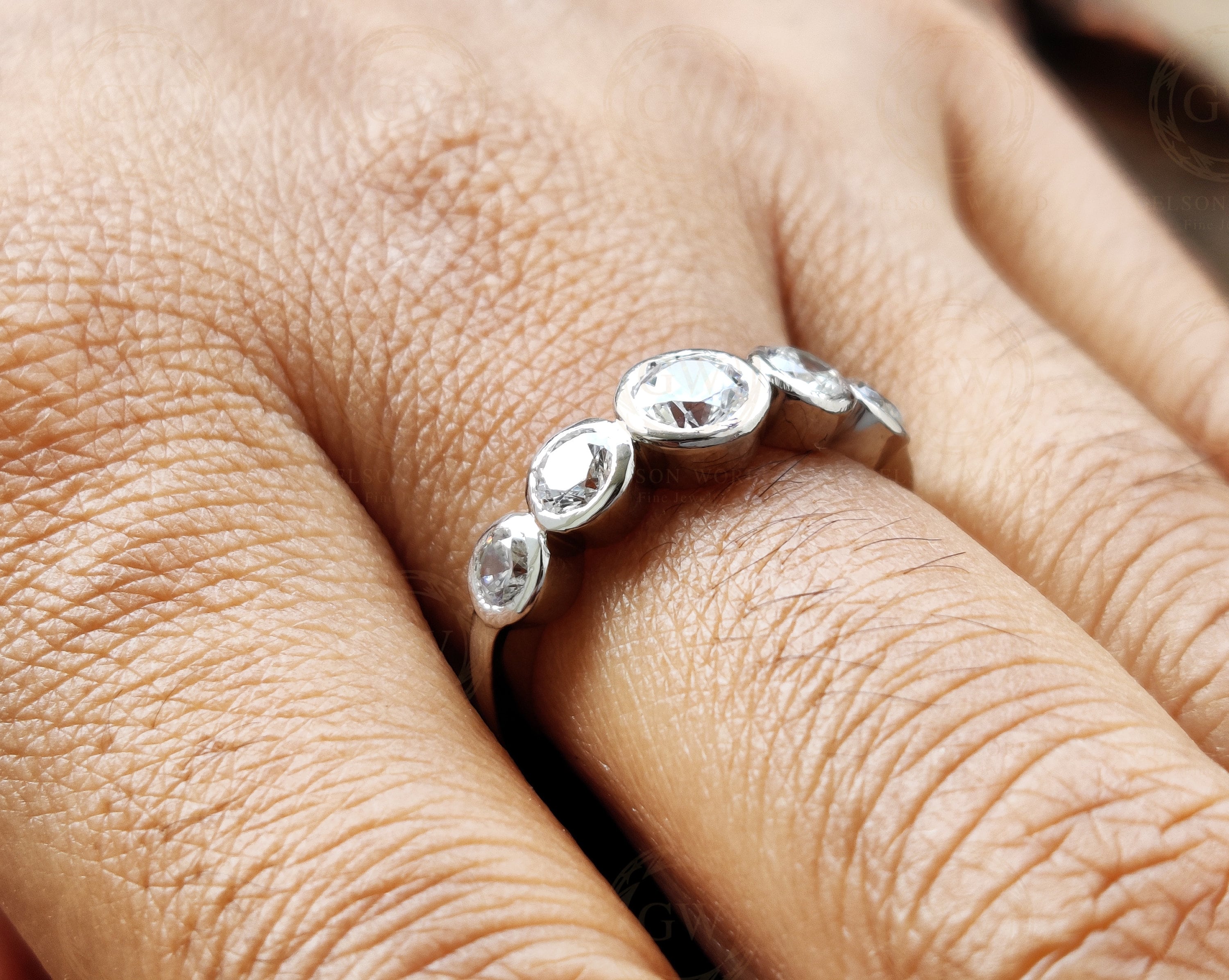 1.35 Ct 5 Stone Round Moissanite Anniversary Ring, Sterling Silver, Bezel Set Stacking Band, Minimalist Engagement Ring, Bridal Wedding Ring