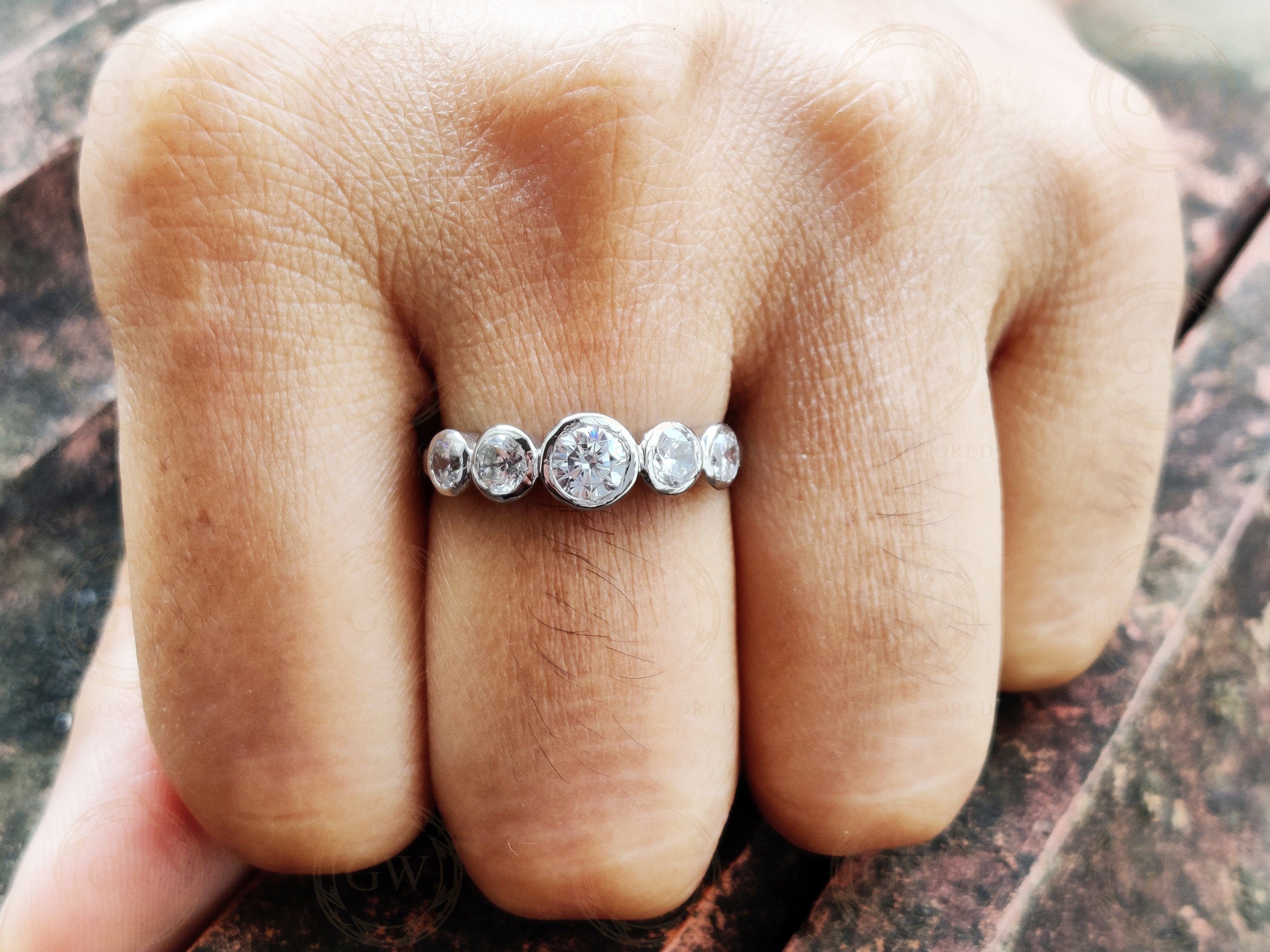 1.35 Ct 5 Stone Round Moissanite Anniversary Ring, Sterling Silver, Bezel Set Stacking Band, Minimalist Engagement Ring, Bridal Wedding Ring
