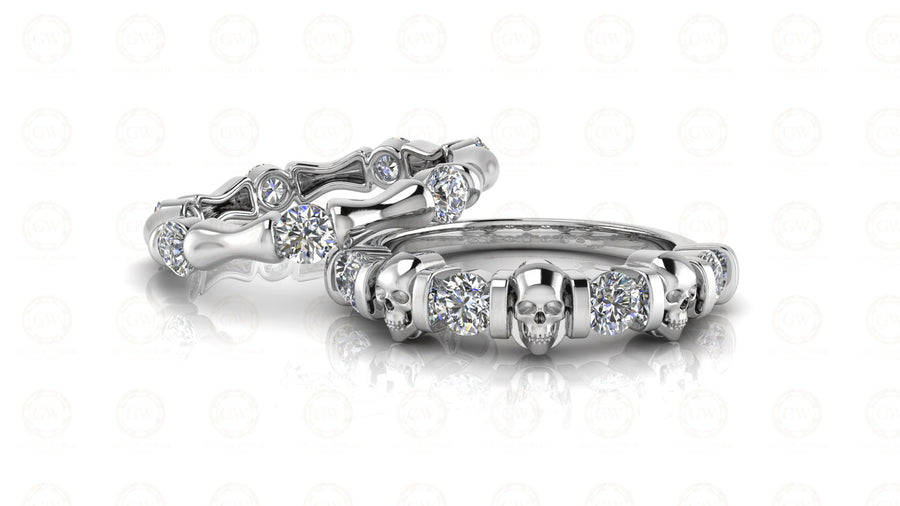 1.65 Ct Unique Gothic Bone Skull Bridal CZ Engagement Wedding Ring Set, Man Made Diamond, Sterling silver, Matching Band, Bridal Jewelry