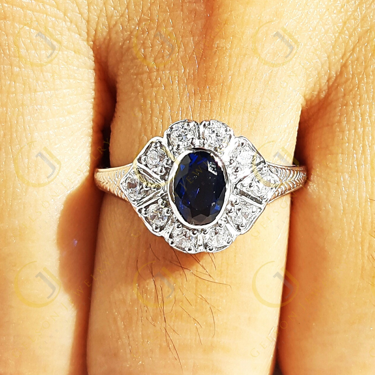 Art deco Engagement Ring, Oval Blue Sapphire Simulated Diamond, Vintage wedding ring, Sterling Silver, Promise ring, Gift for Her