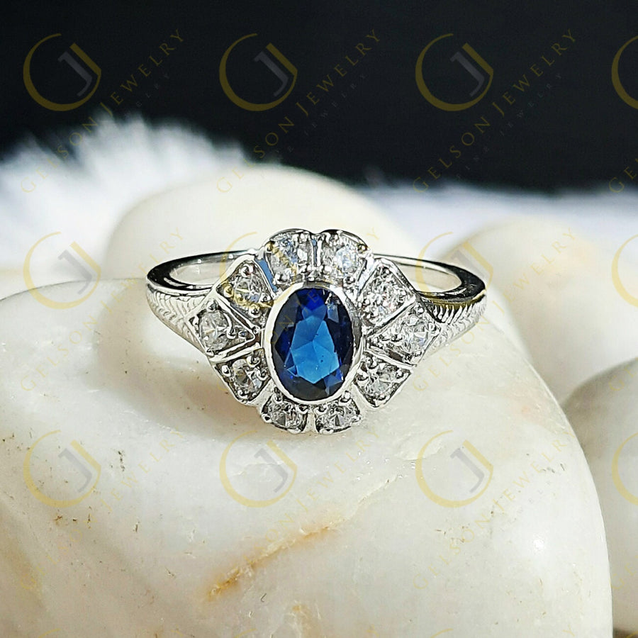Art deco Engagement Ring, Oval Blue Sapphire Simulated Diamond, Vintage wedding ring, Sterling Silver, Promise ring, Gift for Her