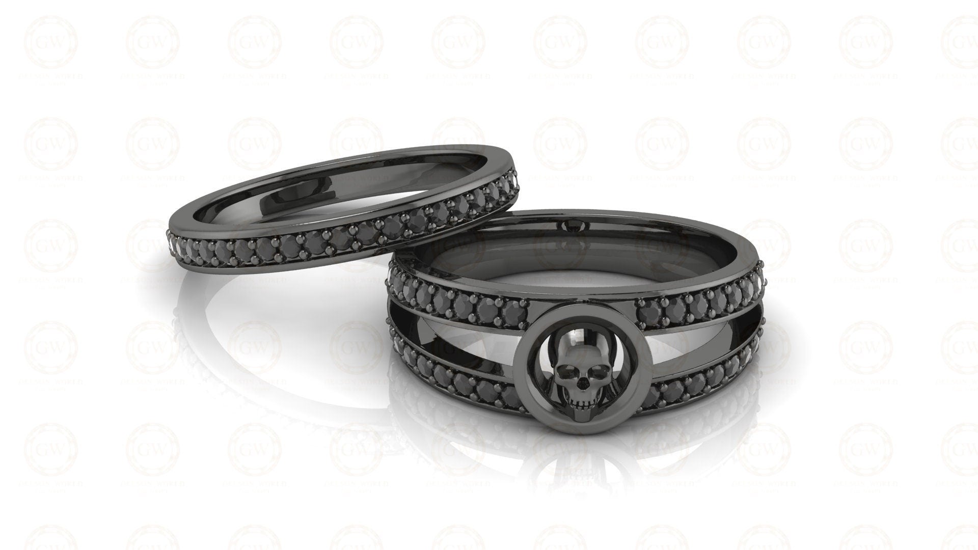 0.45 Ct Unique Black Gothic Halo Bridal Skull Engagement Ring Set, Matching Skull Wedding Rings, Sterling silver, Half Eternity Band