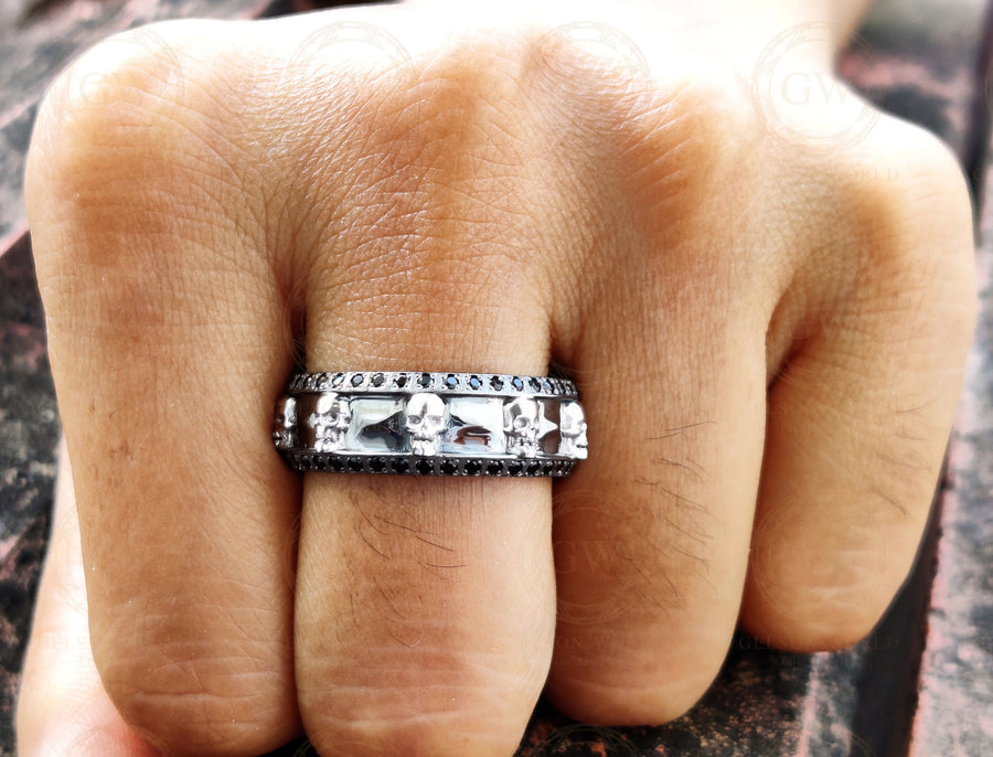 8 mm Wide Unique Men's Gothic Skull Wedding Band, Punk Style Biker Ring, Black Moissanite Diamond Silver Ring Anniversary Ring Eternity Band