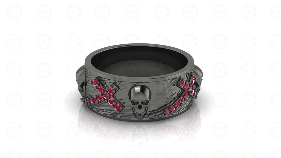 8 mm Wide Unique Cross Men's Gothic Skull Wedding Band, Punk Style Biker Ring, Birthstone July Ruby gemstone ring, 925 Sterling Silver