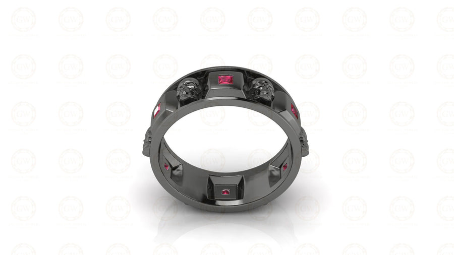 7 mm Wide Men's Gothic Skull Wedding Band, Punk Style Biker Ring, Unique Jewelry, Birthstone July Ruby gemstone ring, 925 Sterling Silver