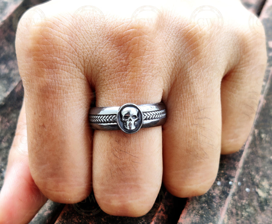 Unique Gothic Skull Bridal Men's Wedding Band, Anniversary Ring, Modern Design, Promise Band, Punk Signet Ring, Black Sterling Silver