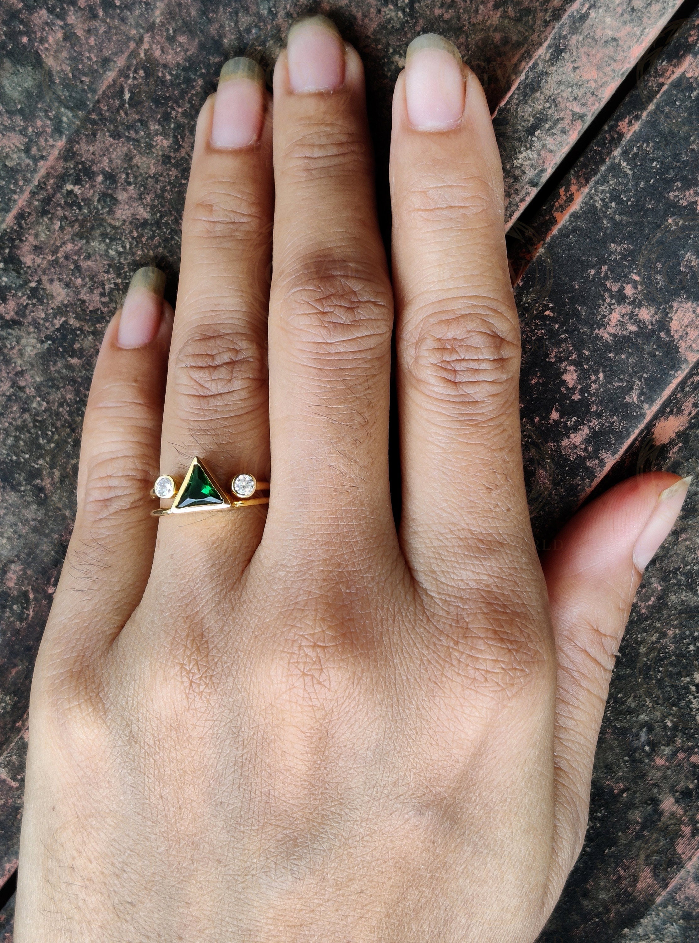 14K Gold Triangle Shape Emerald Minimalist engagement ring, Open End Design Matching Stacking Ring, Wedding Band, Dainty Diamond Ring