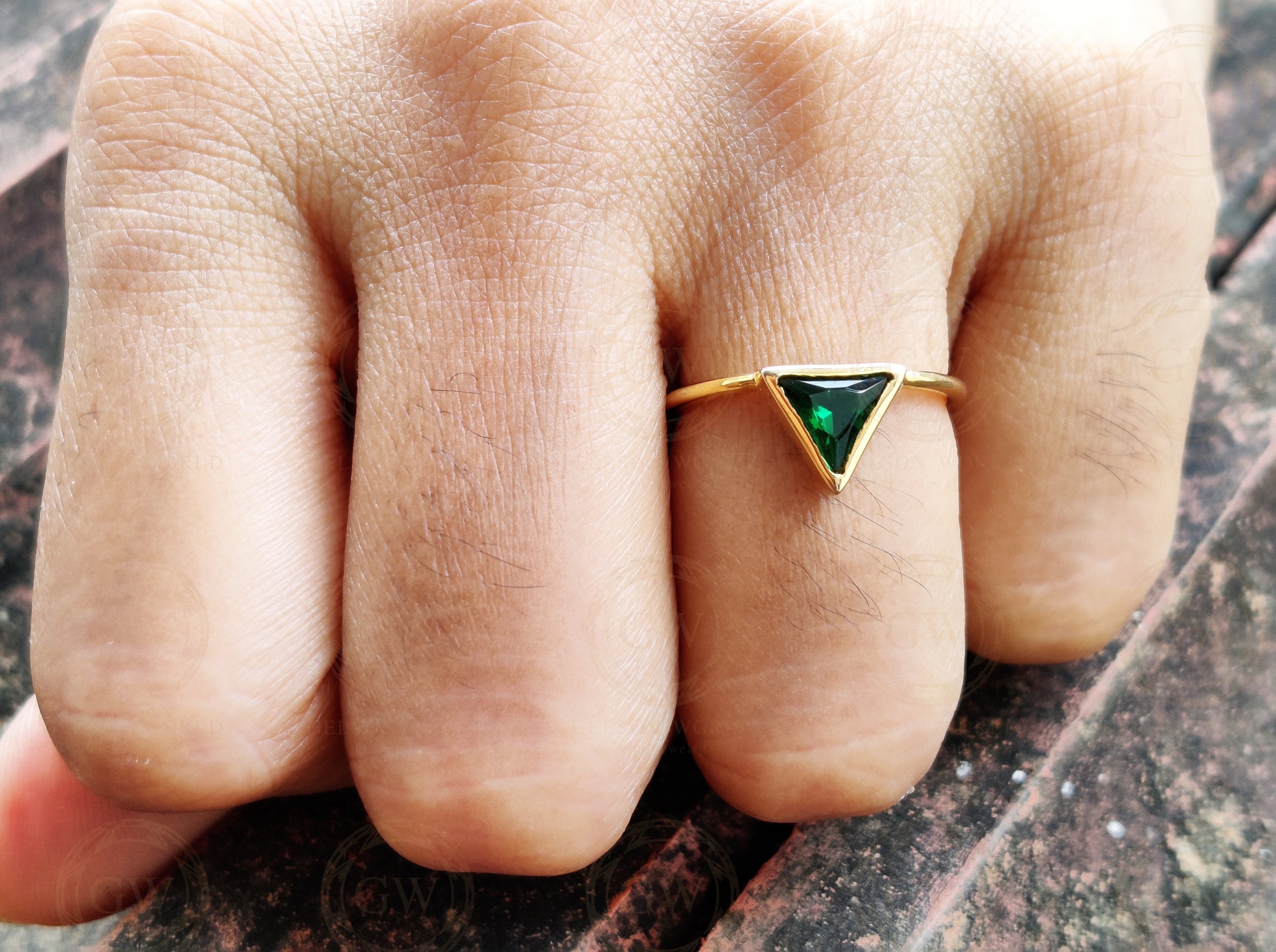 Silver and Gold Triangle Shape Emerald Minimalist engagement ring, Matching Stacking Ring, Dainty Diamond Ring, Gemstone Birthstone Ring